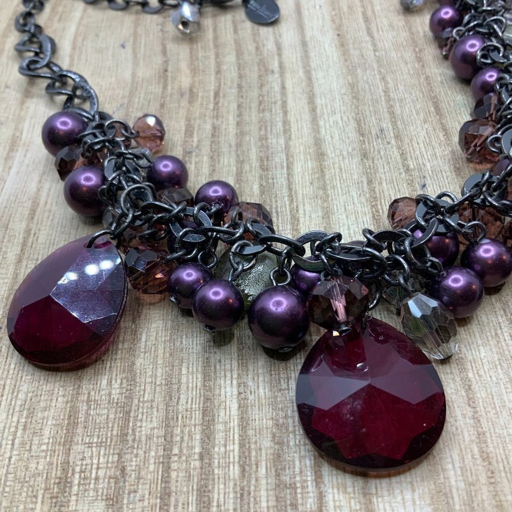 White House Black Market Berry Beaded Drop Gun Metal Necklace